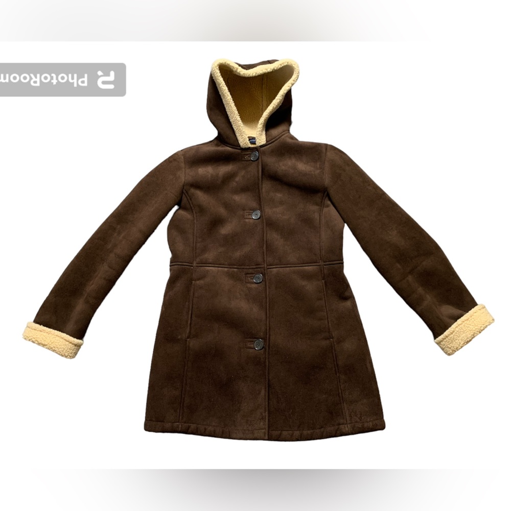 Lands End Womens Brown Faux Sherpa Suede Hooded Coat Jacket Small 6-8 RN 62830